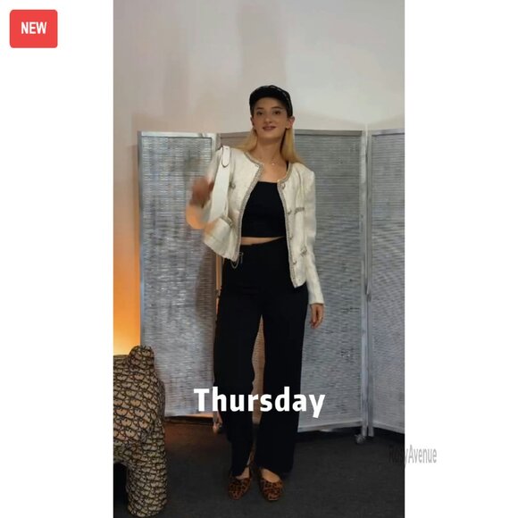 Cropped Tweed Blazer with Pockets, Long Sleeve Collarless Jacket - Picture 7 of 8